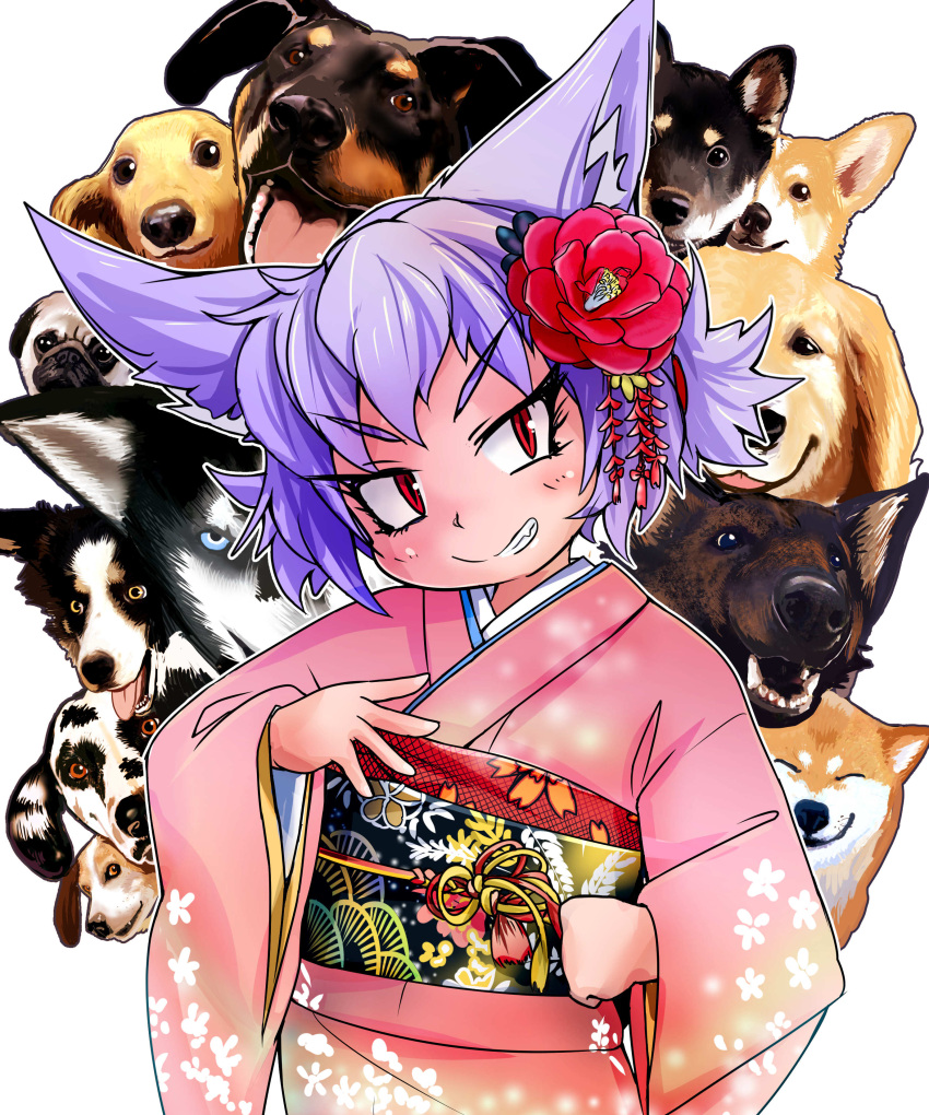 absurdres animal_ears commentary_request dalmatian dog dog_child_(doitsuken) dog_ears dog_request doitsuken eyebrows_visible_through_hair fang floral_print flower flower_request grin hair_flower hair_ornament head_tilt highres japanese_clothes kimono long_sleeves looking_at_viewer new_year obi original pink_kimono purple_hair red_eyes sash shiba_inu short_hair slit_pupils smile v-shaped_eyebrows wide_sleeves year_of_the_dog