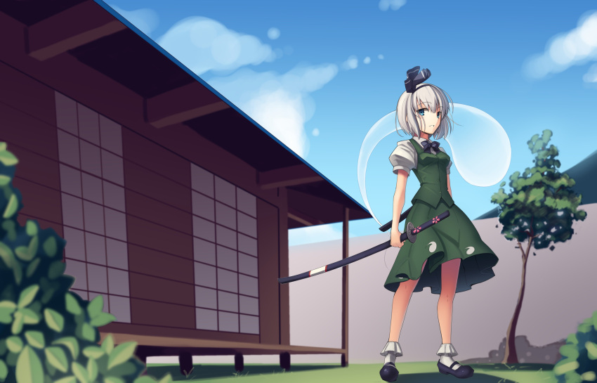 1girl absurdres black_footwear black_neckwear blue_eyes blue_sky boa_(brianoa) bow bowtie bush clouds commentary eyebrows_visible_through_hair grass green_skirt green_vest hair_ornament hairband highres holding holding_sword holding_weapon house katana konpaku_youmu konpaku_youmu_(ghost) looking_at_viewer parted_lips puffy_short_sleeves puffy_sleeves shoes short_sleeves silver_hair skirt sky socks solo sword touhou tree vest weapon white_legwear