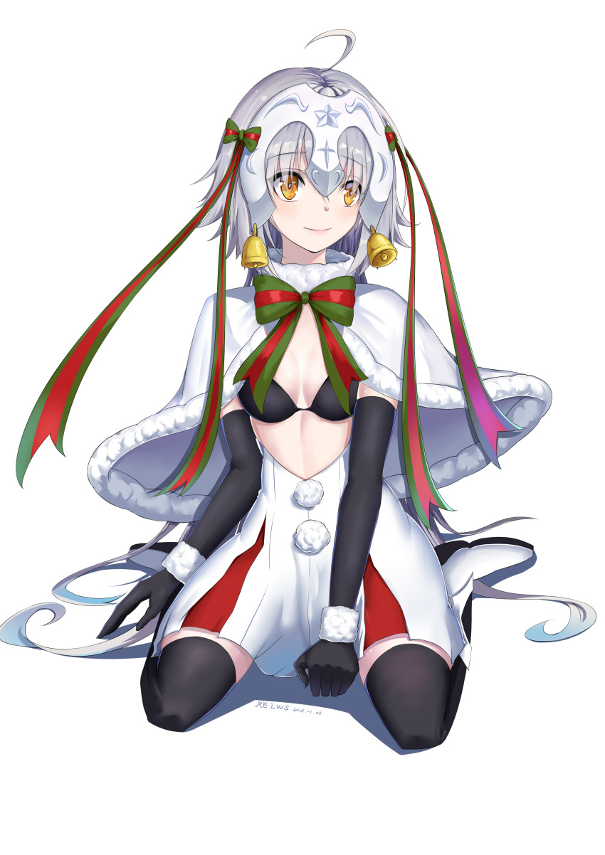 absurdres ahoge bell black_gloves black_legwear breasts brown_eyes capelet cleavage dated elbow_gloves fate_(series) gloves grey_hair hair_ribbon highres jeanne_d'arc_(fate)_(all) jeanne_d'arc_alter_santa_lily long_hair looking_at_viewer medium_breasts pom_pom_(clothes) relws ribbon sitting smile very_long_hair wariza
