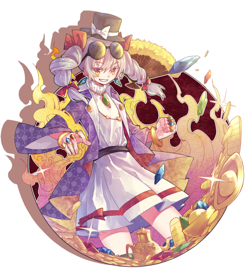 1girl antinomy_of_common_flowers blonde_hair bracelet dress drill_hair eyewear_on_head fan folding_fan gem gold grin hair_ribbon hat highres jacket jewelry ko_kita long_hair looking_at_viewer necklace ribbon ring smile solo sunglasses top_hat touhou twin_drills yellow_eyes yorigami_jo'on
