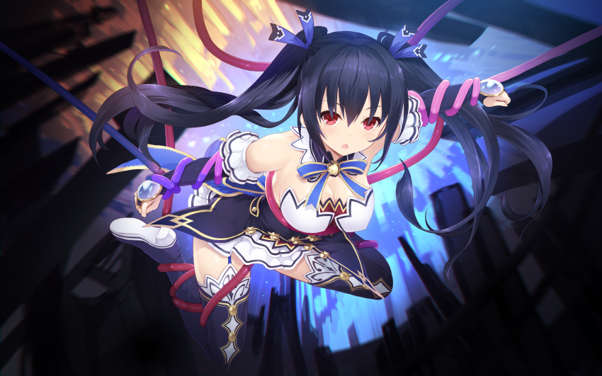 1girl absurdres bare_shoulders black_hair black_legwear blue_ribbon boots breasts cait choker cleavage detached_collar detached_sleeves frills frown full_body garter_straps hair_ribbon highres huge_filesize long_hair looking_at_viewer medium_breasts neptune_(series) noire open_mouth paid_reward patreon_reward red_eyes restrained ribbon ribbon_choker skirt solo thigh-highs thigh_boots twintails white_skirt