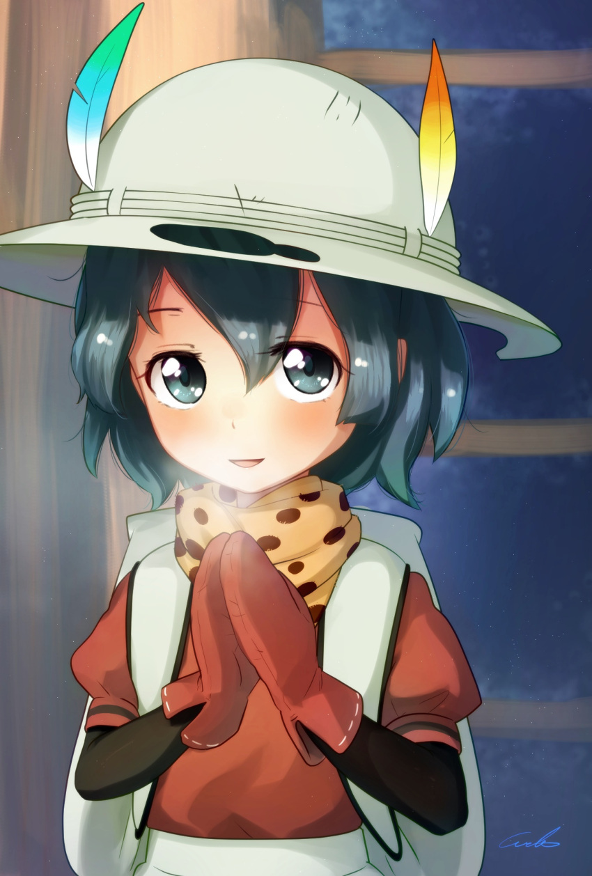 1girl backpack bag black_eyes black_hair breath bucket_hat hat hat_feather highres kaban_(kemono_friends) kemono_friends looking_at_viewer mittens open_mouth puffy_short_sleeves puffy_sleeves red_shirt scarf serval_print shirt short_hair short_sleeves signature smile solo upper_body welt_(kinsei_koutenkyoku)