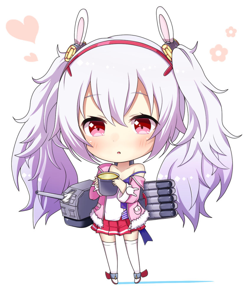 1girl :o animal_ears azur_lane bangs blush camisole cannon chibi eyebrows_visible_through_hair full_body fur-trimmed_jacket fur_trim hair_between_eyes hair_ornament hairband heart highres holding jacket kyuujou_komachi laffey_(azur_lane) long_hair long_sleeves off_shoulder parted_lips pink_jacket pleated_skirt rabbit_ears red_eyes red_footwear red_hairband red_skirt searchlight silver_hair skirt solo strap_slip thigh-highs torpedo turret twintails very_long_hair white_background white_camisole white_legwear
