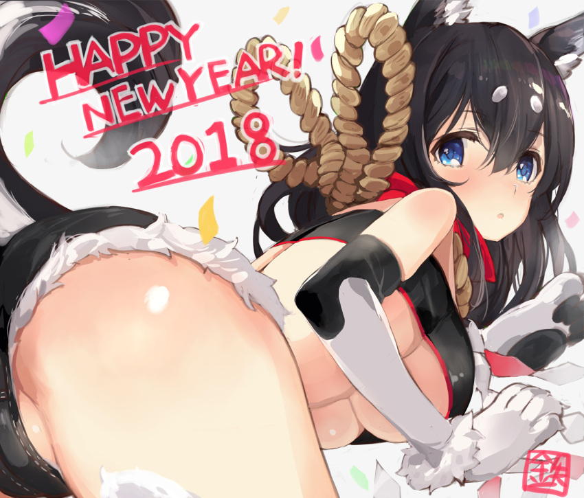 1girl animal_ears ass bare_shoulders black_hair black_panties blush breasts confetti dog_ears dog_paws dog_tail elbow_gloves fur_trim gloves hair_between_eyes happy_new_year hips idolmaster idolmaster_cinderella_girls large_breasts long_hair looking_at_viewer new_year open_mouth panties paws red_scarf rope sagisawa_fumika scarf solo strapless tail tetsujin_momoko thighs translated tubetop under_boob underwear white_gloves