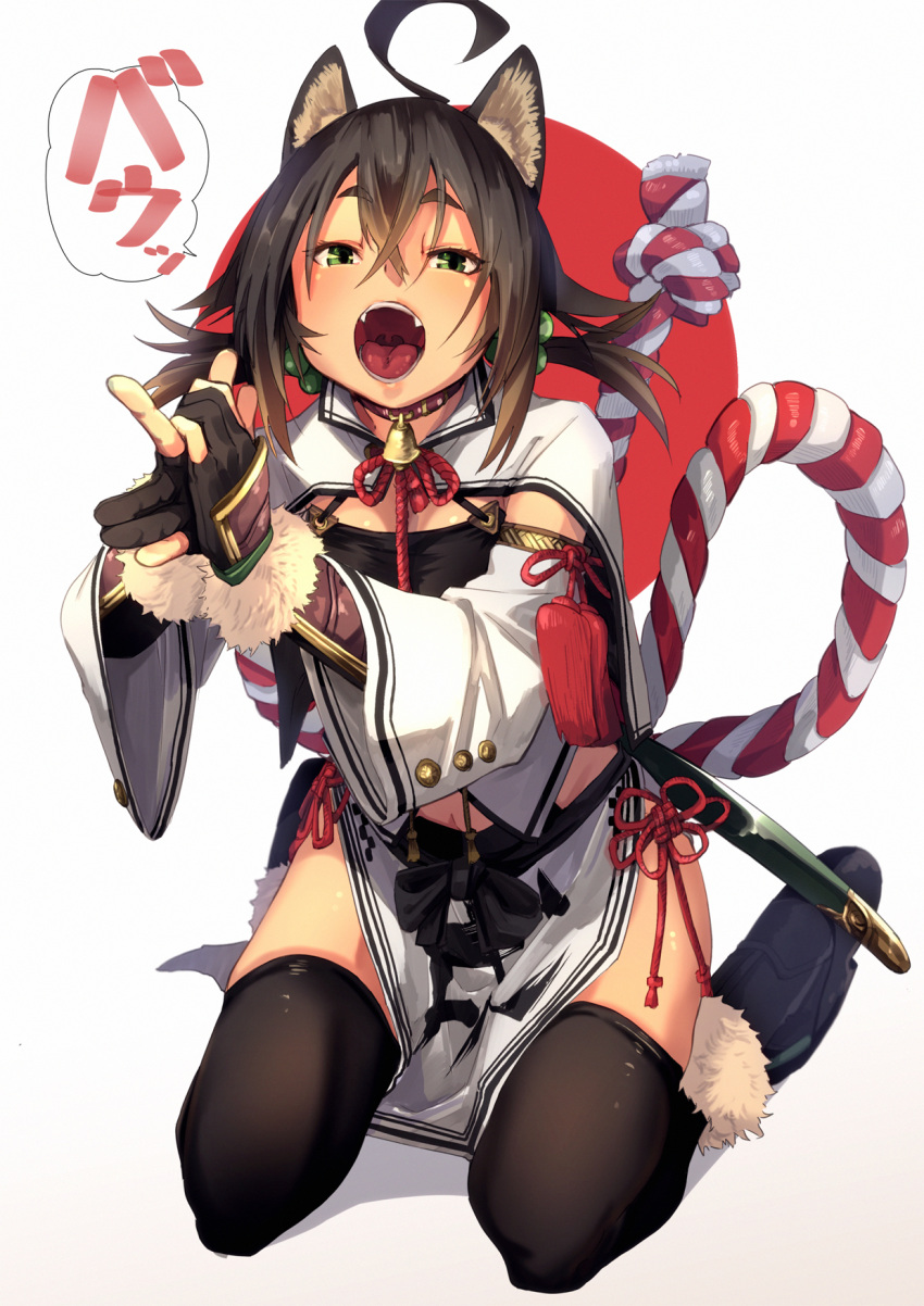 1girl ahoge animal_ears black_gloves black_hair black_legwear detached_sleeves dog_ears fangs fingerless_gloves fu-ta gloves green_eyes hand_puppet highres kneeling long_hair new_year open_mouth original puppet sheath sheathed sword teeth thigh-highs tongue weapon