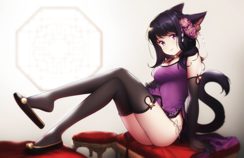 bell black_hair blurry breasts china_dress chinese_clothes cleavage commission dress elbow_gloves eventh7 facial_mark final_fantasy final_fantasy_xiv flower gloves hair_flower hair_ornament highres long_hair looking_at_viewer miqo'te panties shoe_dangle side-tie_panties side_slit simple_background thigh-highs underwear violet_eyes