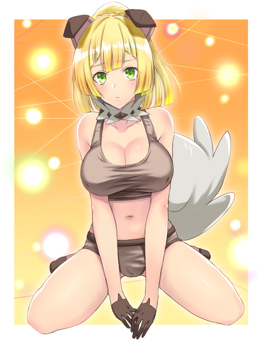 1girl alternate_breast_size animal_ears blonde_hair breasts cleavage cosplay dog_ears dog_tail green_eyes highres lillie_(pokemon) long_hair pokemon pokemon_(game) pokemon_sm ponytail rockruff rockruff_(cosplay) solo tail takecha