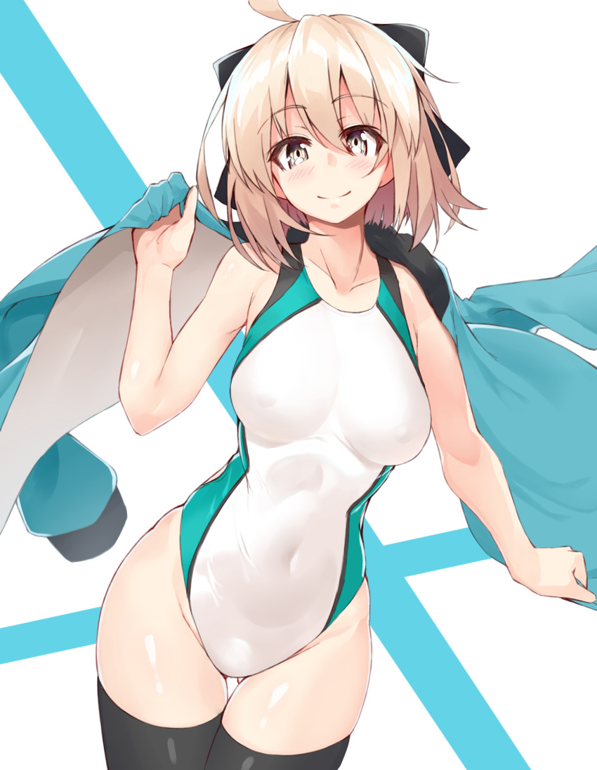 1girl adapted_costume ahoge bare_shoulders black_bow black_legwear blonde_hair blue_jacket blush bow breasts brown_eyes closed_mouth collarbone competition_swimsuit covered_navel cowboy_shot dutch_angle erect_nipples eyebrows_visible_through_hair eyelashes fate_(series) gluteal_fold groin hair_between_eyes hair_bow highres jacket jacket_on_shoulders koha-ace looking_at_viewer medium_breasts okita_souji_(fate) one-piece_swimsuit open_clothes open_jacket sakura_saber shiny shiny_hair short_hair shunichi skin_tight smile solo standing swimsuit tareme thigh-highs thigh_gap two-tone_background white_swimsuit