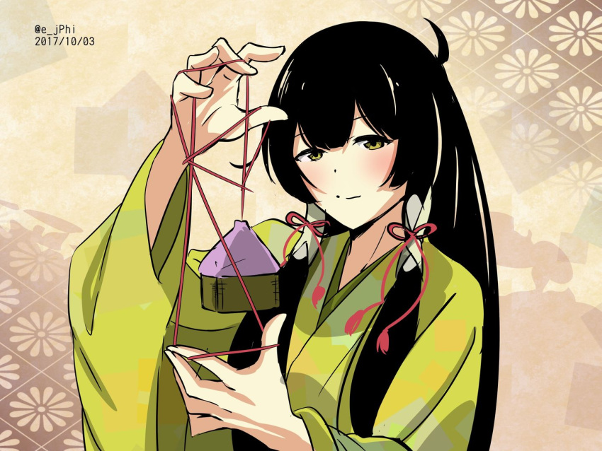 1girl black_hair dated hair_tubes hand_up japanese_clothes kantai_collection kimono long_hair looking_at_viewer mizuho_(kantai_collection) red_string sidelocks solo string string_play_spider_baby twitter_username vi3r6ein yellow_eyes