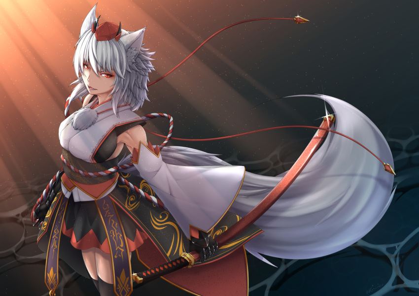 1girl animal_ears armpit_peek bare_shoulders black_legwear black_skirt breasts commentary_request cowboy_shot detached_sleeves hat highres holding holding_sword holding_weapon inubashiri_momiji inyuppo katana large_breasts long_sleeves looking_at_viewer medium_hair miniskirt parted_lips red_eyes sash sheath sheathed shirt skirt sleeveless sleeveless_shirt sword tail tassel thigh-highs tokin_hat touhou weapon white_hair white_shirt wide_sleeves wolf_ears wolf_tail zettai_ryouiki