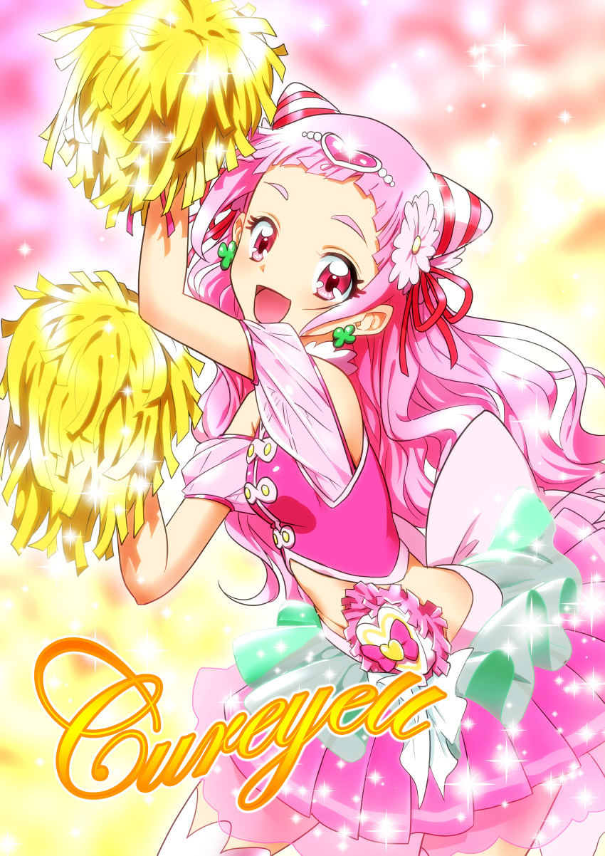 1girl :d absurdres character_name cowboy_shot cure_yell double_bun flower hair_flower hair_ornament hair_ribbon heart_hair_ornament highres holding hugtto!_precure layered_skirt light_particles long_hair looking_at_viewer magical_girl midriff multicolored multicolored_background nono_hana open_mouth pink_eyes pink_hair pink_shirt pink_skirt pom_poms precure red_ribbon ribbon see-through shirt skirt sleeveless sleeveless_shirt smile solo yuto_(dialique)