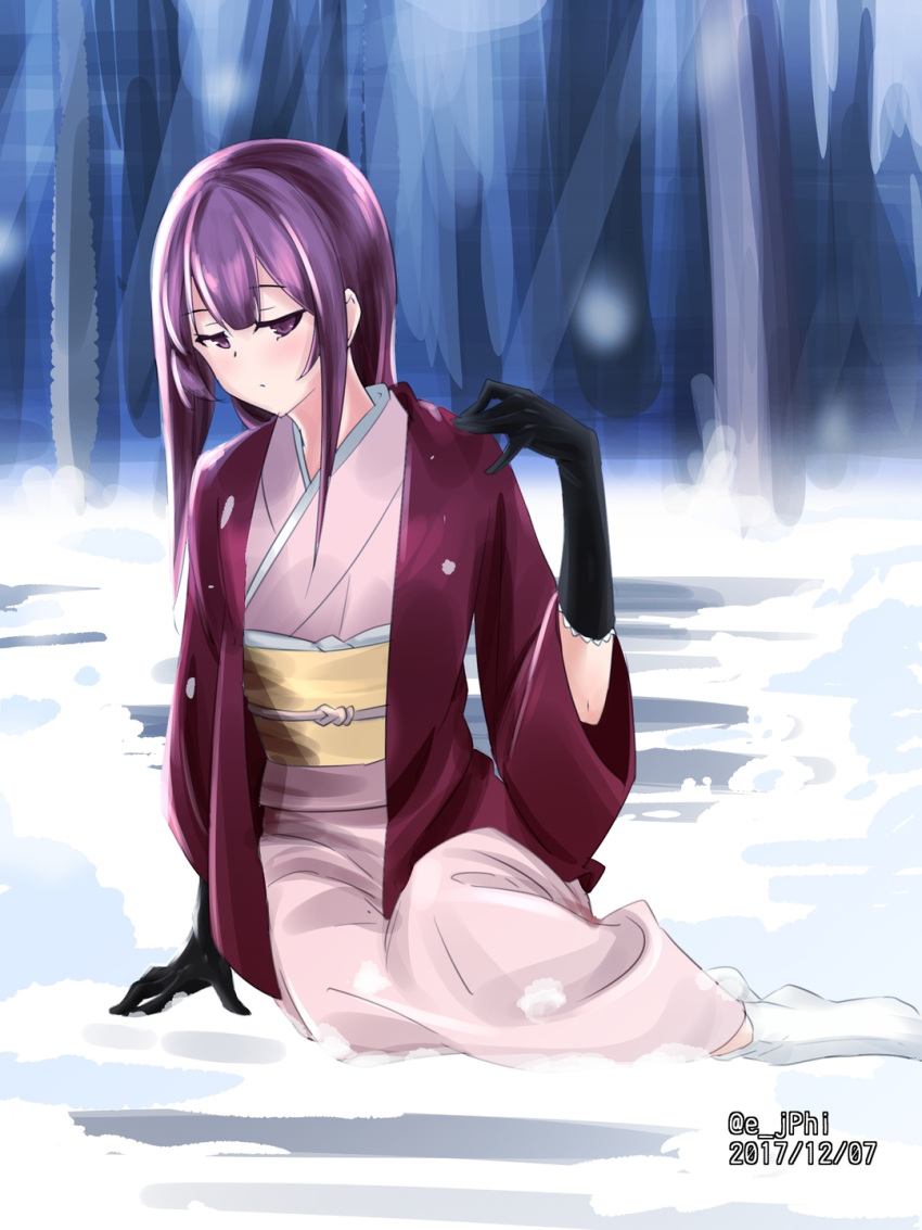 1girl alternate_costume alternate_hairstyle arm_support black_gloves blurry dated depth_of_field elbow_gloves forest gloves hair_down hand_up highres jacket japanese_clothes kamikaze_(kantai_collection) kantai_collection kimono looking_at_viewer nature no_shoes obi on_ground open_clothes open_jacket purple_hair sash sitting snow solo tabi twitter_username vi3r6ein violet_eyes yokozuwari