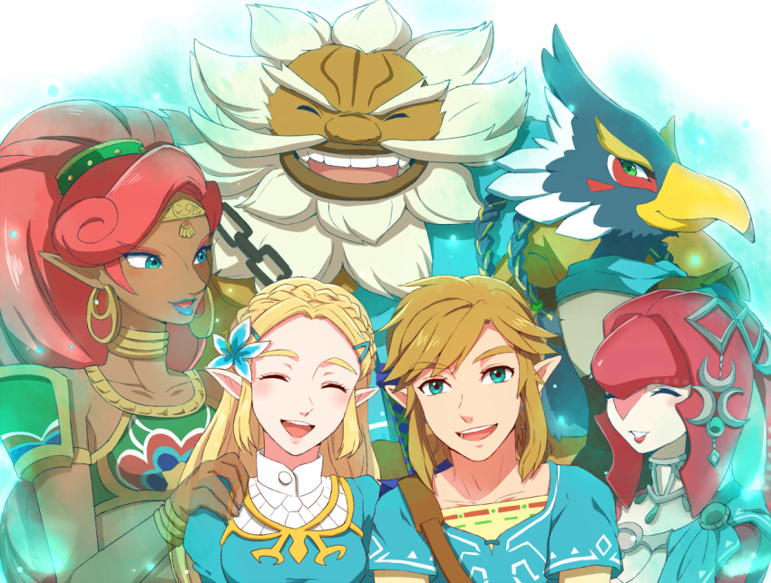 aqua_eyes artist_request blonde_hair blush closed_eyes dark_skin daruk earrings flower gerudo goron green_eyes hair_flower hair_ornament jewelry link lipstick long_hair makeup mipha pointy_ears princess_zelda redhead revali rito the_legend_of_zelda the_legend_of_zelda:_breath_of_the_wild urbosa zora