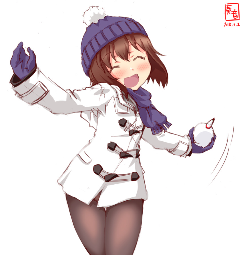 1girl beanie black_legwear brown_hair closed_eyes dated hat highres kanon_(kurogane_knights) kantai_collection logo mittens open_mouth pantyhose purple_hat short_hair simple_background smile snowball solo throwing type_91_armor-piercing_shell white_background white_coat winter_clothes yukikaze_(kantai_collection)