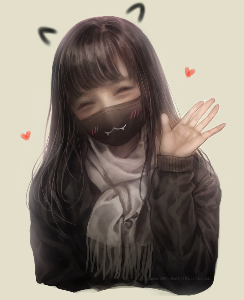1girl absurdres brown_hair closed_eyes cropped_torso facing_viewer heart highres long_hair mask original scarf shal.e simple_background solo surgical_mask sweater upper_body waving