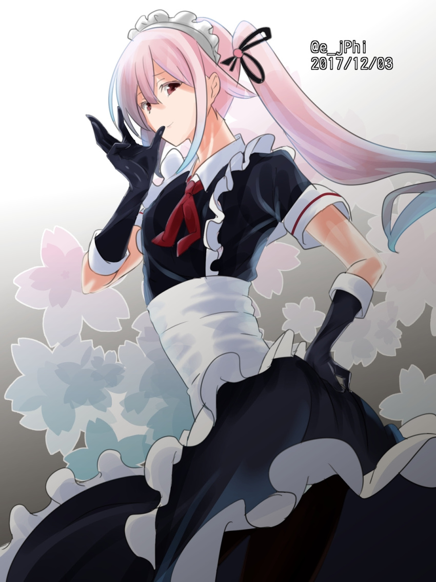 1girl adapted_costume alternate_costume apron black_dress black_gloves black_ribbon dated dress elbow_gloves enmaided floral_background gloves gradient gradient_background hair_ribbon hand_on_hip hand_up harusame_(kantai_collection) highres kantai_collection long_hair looking_at_viewer maid maid_headdress neckerchief pink_hair red_eyes ribbon side_ponytail solo twitter_username very_long_hair vi3r6ein