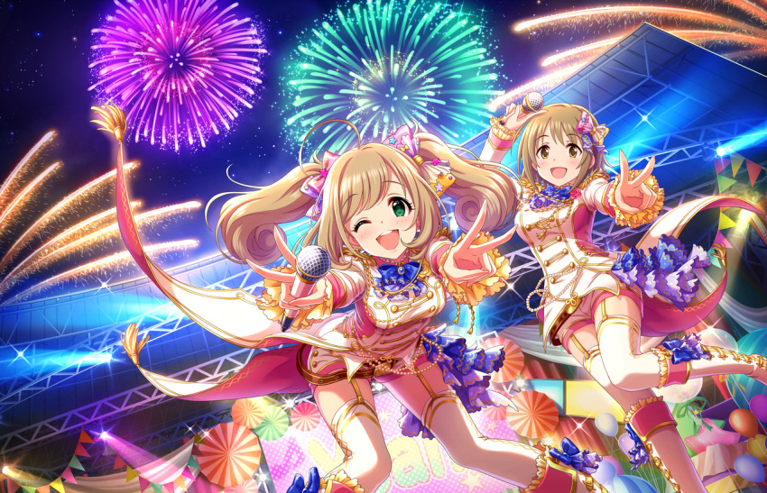 2girls ahoge annindoufu_(oicon) bangs blonde_hair blush boots bow brown_eyes brown_hair earrings eyebrows_visible_through_hair fireworks frilled_sleeves frills garter_straps green_eyes hair_bow hair_ornament holding holding_microphone idol idolmaster idolmaster_cinderella_girls idolmaster_cinderella_girls_starlight_stage jewelry long_sleeves looking_at_viewer microphone mimura_kanako multiple_girls night night_sky official_art one_eye_closed open_mouth outdoors outstretched_arm satou_shin short_hair shorts sky smile stage teeth thigh-highs