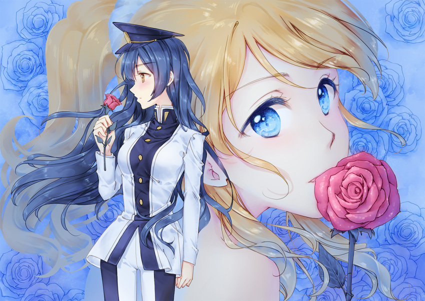 2girls ayase_eli bangs blonde_hair blue_eyes blue_flower blue_rose commentary_request flower from_side hat holding holding_flower long_hair looking_at_viewer looking_to_the_side love_live! love_live!_school_idol_project military military_uniform mimori_(cotton_heart) mouth_hold multiple_girls ponytail red_flower red_rose rose scrunchie sonoda_umi uniform