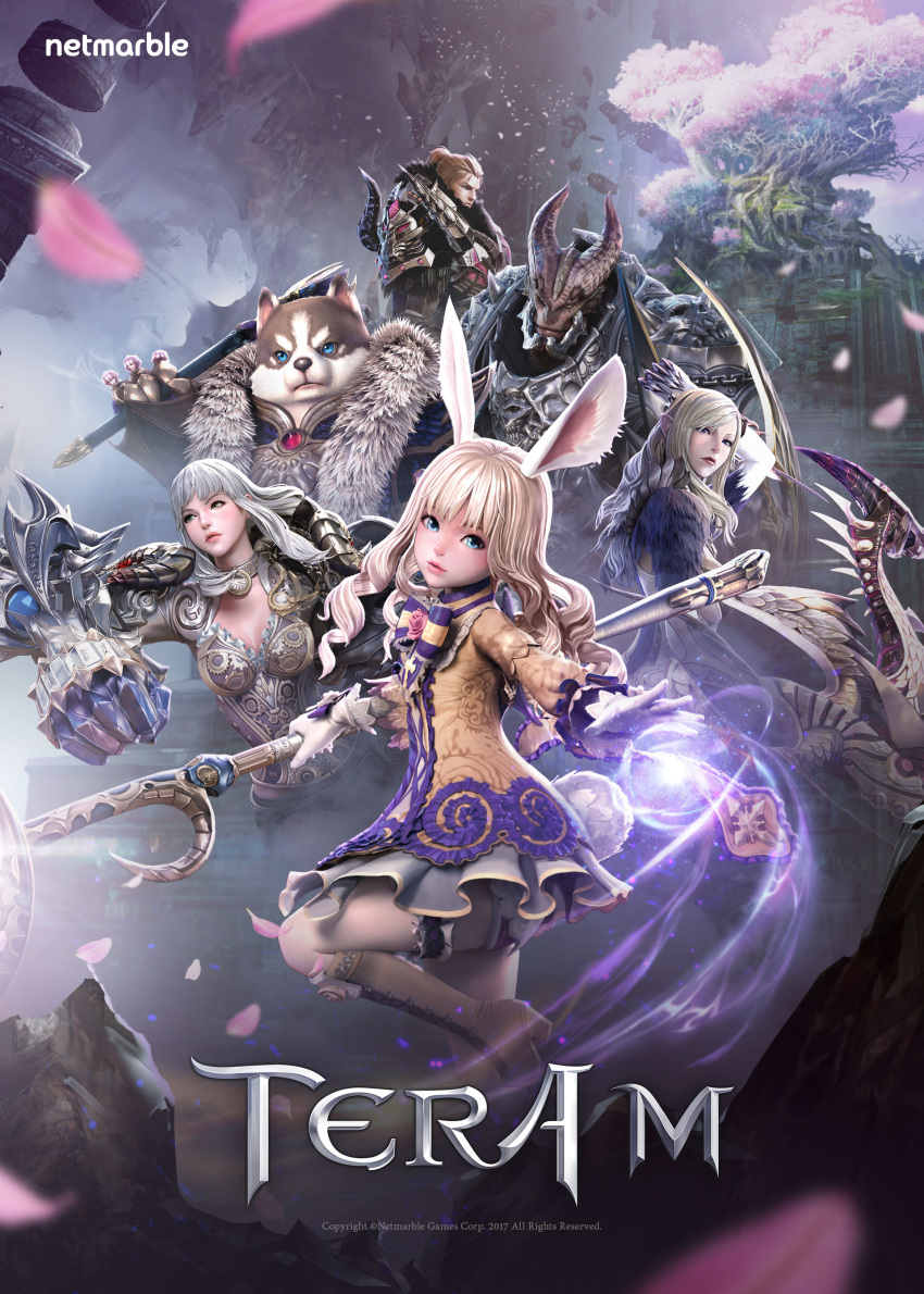 3boys 3girls absurdres animal_ears armor artist_request baraka blonde_hair blue_eyes boots bow_(weapon) breasts brown_footwear bunny_tail castanic_(tera) cherry_blossoms cleavage copyright_name curly_hair dog_ears dress elf elin_(tera) fur fur_trim garters gauntlets giant_tree gloves green_eyes highres holding horns knee_boots leg_lift lips long_hair magic multiple_boys multiple_girls official_art outstretched_arm panties panty_peek petals pink_panties pointy_ears ponytail popori rabbit_ears ruins scar shirt short_dress short_shorts shorts silver_hair staff standing standing_on_one_leg tail tera_online tree underwear wand weapon white_gloves yellow_dress yellow_eyes