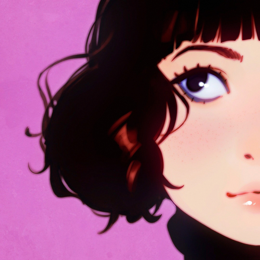 1girl black_eyes black_hair close-up face ilya_kuvshinov lips looking_up original purple_background short_hair solo turtleneck