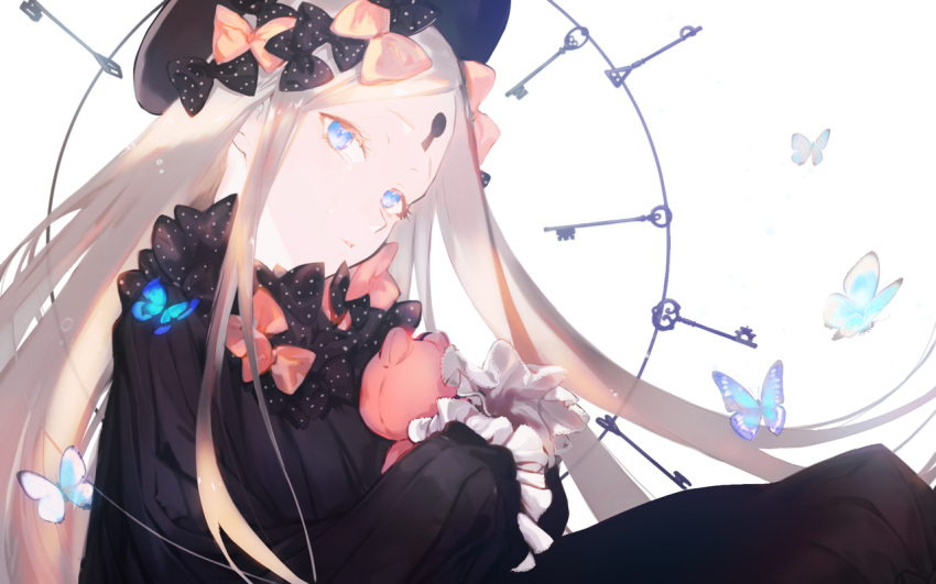 1girl abigail_williams_(fate/grand_order) bangs black_bow black_dress black_hat blonde_hair blue_eyes bow butterfly commentary_request dress fate/grand_order fate_(series) frilled_sleeves frills hair_bow hat keyhole long_hair looking_at_viewer orange_bow parted_bangs parted_lips polka_dot polka_dot_bow ribbed_dress sitting sleeves_past_wrists solo stuffed_animal stuffed_toy tears teddy_bear yaku_(ziroken)