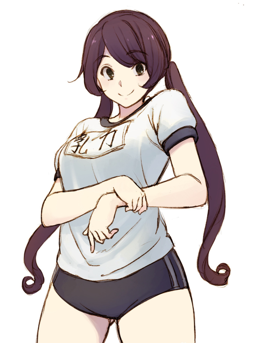 1girl b-maru breasts brown_hair buruma cowboy_shot eyebrows_visible_through_hair gluteal_fold green_eyes gym_shirt gym_uniform highres holding_own_wrist looking_at_viewer medium_breasts original plump shirt short_sleeves simple_background smile solo thighs twintails white_background