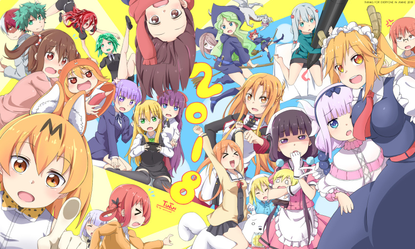 2018 3boys 6+girls aho_girl amanda_o'neill anger_vein artist_name asuna_(sao) blend_s boku_no_hero_academia commentary_request crossover diana_cavendish dino_(blend_s) dog_(gabriel_dropout) dragon ebina_nana engrish eromanga_sensei fafnir_(little_witch_academia) gabriel_dropout gamers! hanabatake_yoshiko highres himouto!_umaru-chan hinata_kaho houseki_no_kuni izumi_sagiri kagari_atsuko kanna_kamui kemono_friends kobayashi-san_chi_no_maidragon kobayashi_(maidragon) komaru kurumizawa_satanichia_mcdowell little_witch_academia midoriya_izuku multiple_boys multiple_girls new_game! new_year phosphophyllite ranguage sakuranomiya_maika serval_(kemono_friends) shinsha_(houseki_no_kuni) shiraha_raphiel_ainsworth sucy_manbavaran suzukaze_aoba sword_art_online sword_art_online_the_movie:_ordinal_scale tagme takimoto_hifumi tendou_karen todoroki_shouto tooru_(maidragon) tuntun. upside-down wallpaper year_connection yuuki_asuna