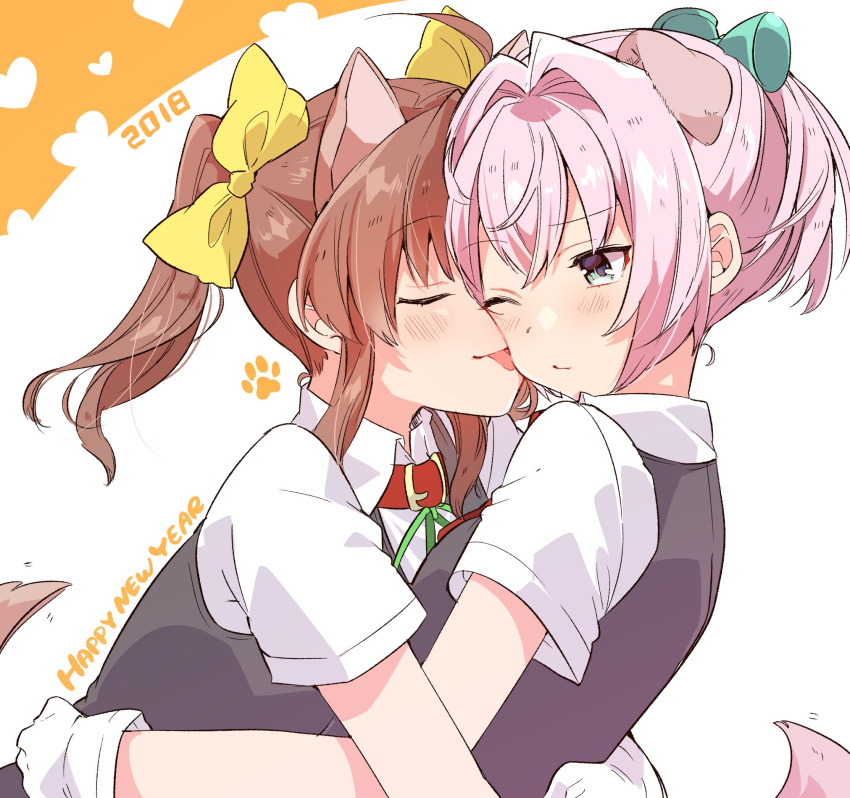 2018 2girls animal_ears black_vest blush bow brown_hair closed_eyes closed_mouth collar collared_shirt commentary_request dog_collar dog_ears dog_girl dog_tail face_licking gloves green_ribbon hair_bow hair_ornament hand_on_another's_hip happy_new_year heart highres hug kagerou_(kantai_collection) kantai_collection kemonomimi_mode licking long_hair multiple_girls new_year pink_hair ponytail red_collar ribbon shiranui_(kantai_collection) shirt short_sleeves sidelocks smile tail tail_wagging takeshima_(nia) tongue twintails vest white_gloves white_shirt year_of_the_dog yellow_bow yuri