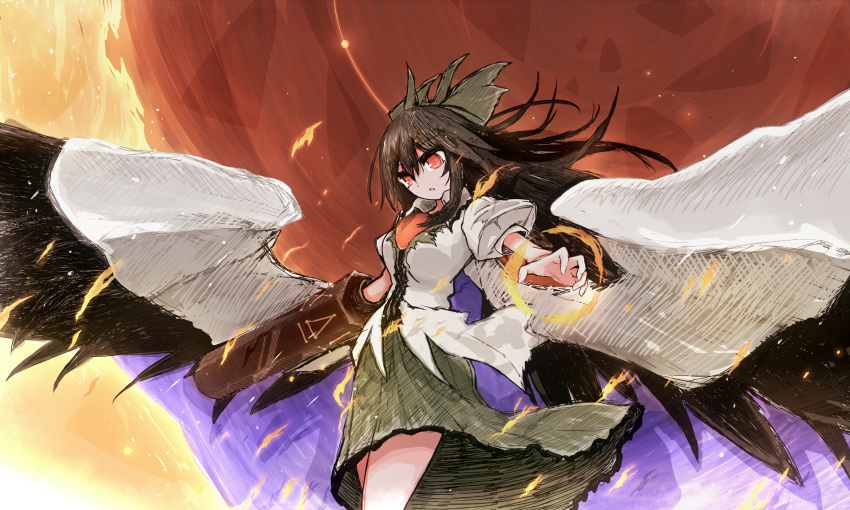 1girl arm_cannon bird bird_wings black_hair black_wings bow cape capelet crow fire from_below hair_bow highres long_hair looking_down puffy_short_sleeves puffy_sleeves red_eyes reiuji_utsuho serious short_sleeves solo touhou tsurime tsuzuku_(hayamisyoto) weapon wings