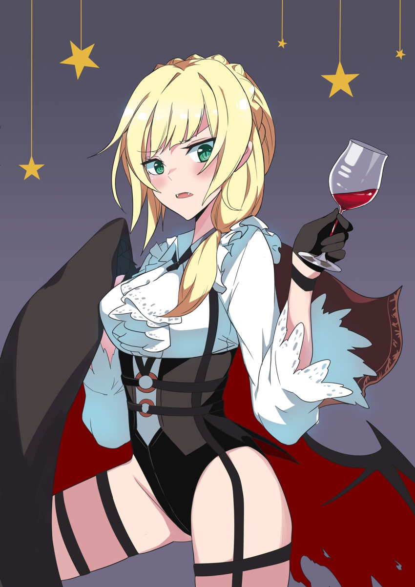 1girl alternate_costume alternate_hairstyle bangs black_gloves black_leotard blonde_hair blouse blunt_bangs blush cape character_name closed_mouth collared_blouse cowboy_shot cup drinking_glass fangs fangs_out fur_trim girls_frontline gloves gluteal_fold green_eyes grey_background hair_over_shoulder half_gloves halloween halloween_costume highres holster layered leotard long_hair long_sleeves one_leg_raised sidelocks simple_background smile solo star thigh_gap thigh_holster thighs torn_wings tsurime underbust ururu welrod welrod_mk2_(girls_frontline) white_blouse wide_sleeves wine_glass wings