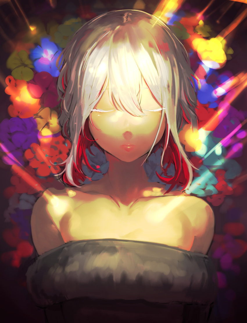 1girl absurdres bare_shoulders closed_eyes closed_mouth commentary_request facing_viewer flower fur_trim hair_between_eyes highres lips lying multicolored_hair on_back original pink_lips short_hair silver_hair solo streaked_hair suisogenshi upper_body