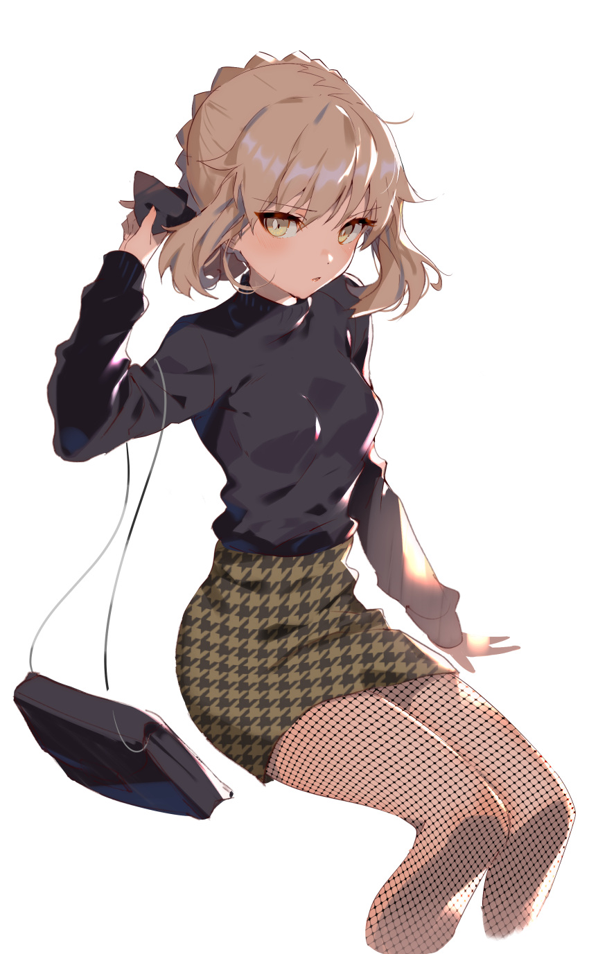 1girl absurdres alternate_costume arm_up artoria_pendragon_(all) aruterra bad_proportions bag bangs black_shirt blonde_hair breasts casual cropped_legs eyebrows_visible_through_hair fate/grand_order fate_(series) fishnet_pantyhose fishnets green_eyes green_skirt handbag highres houndstooth invisible_chair long_sleeves looking_at_viewer miniskirt pantyhose print_skirt revision saber_alter shirt short_hair sidelocks simple_background sitting skirt small_breasts solo tsurime unmoving_pattern white_background