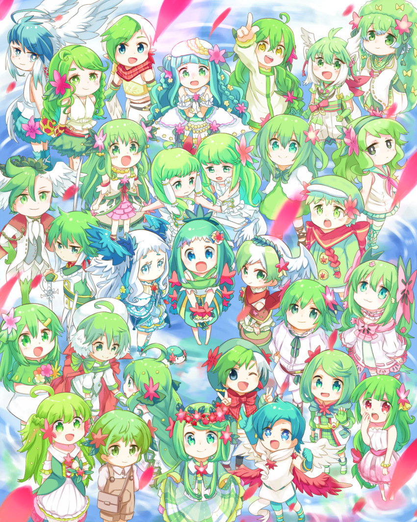 +_+ 6+boys 6+girls :d :o ;d ahoge bag barefoot black_eyes blue_eyes blue_hair bracelet braid chibi dress eye_contact flower fuwasn1545 gloves grass_skirt green_eyes green_gloves green_hair hair_flower hair_ornament hand_holding handbag hat head_wings head_wreath highres jewelry looking_at_another looking_at_viewer multiple_boys multiple_girls one_eye_closed open_mouth personification pointing pokemon red_eyes school_uniform shaymin smile sword weapon white_dress white_hair white_hat yellow_eyes