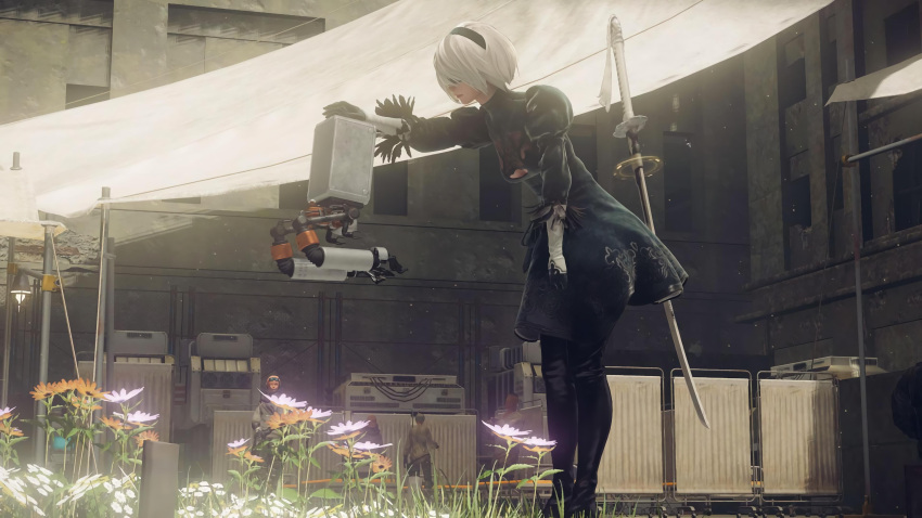 absurdres black_dress black_footwear black_gloves black_hairband black_legwear blindfold boots breasts cap cleavage cleavage_cutout covered_eyes dress feather-trimmed_sleeves gloves hairband high_heel_boots high_heels highres juliet_sleeves long_sleeves mole mole_under_mouth nier_(series) nier_automata pink_lips pod_(nier_automata) puffy_sleeves ribbed_dress sword vambraces weapon weapon_on_back yorha_no._2_type_b yoshida_akihiko