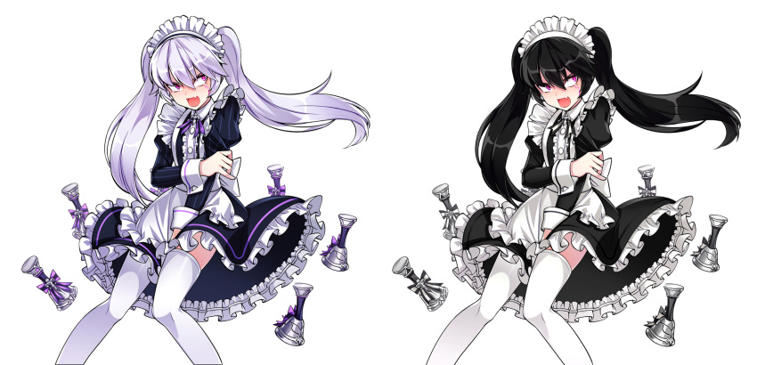 2girls :o add_(elsword) april_fools apron bell black_dress black_hair covering cropped_legs dress dual_persona elsword embarrassed frilled_dress frills genderswap genderswap_(mtf) highres hwansang juliet_sleeves knees_together_feet_apart long_hair long_sleeves maid multiple_girls official_art open_mouth puffy_sleeves silver_hair thigh-highs twintails violet_eyes white_apron white_legwear zettai_ryouiki