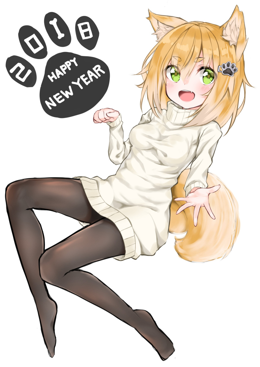 1girl 2018 absurdres animal_ears black_legwear blonde_hair dog_ears dog_tail dress green_eyes hair_ornament hairclip happy_new_year hashiko_no_woto highres new_year no_shoes open_mouth original outstretched_hand pantyhose paw_pose short_hair smile solo sweater sweater_dress tail white_sweater