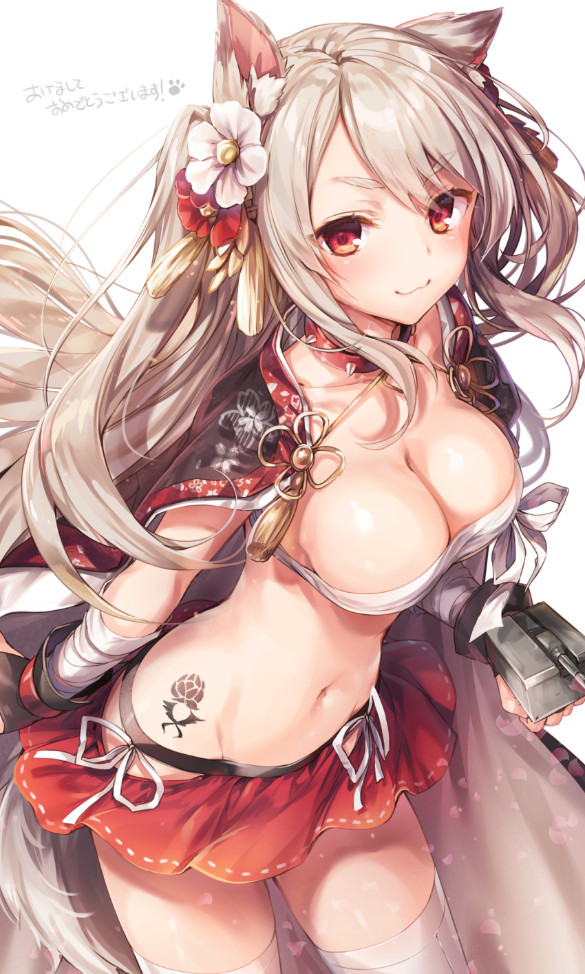 1girl :3 animal_ears azur_lane black_gloves breasts cleavage collar floral_print flower gloves hair_flower hair_ornament highres komeshiro_kasu long_hair looking_at_viewer medium_breasts miniskirt navel red_eyes red_flower red_skirt silver_hair simple_background skirt smile solo spikes stomach tattoo thick_eyebrows thigh-highs very_long_hair white_background white_flower white_legwear yuudachi_(azur_lane)