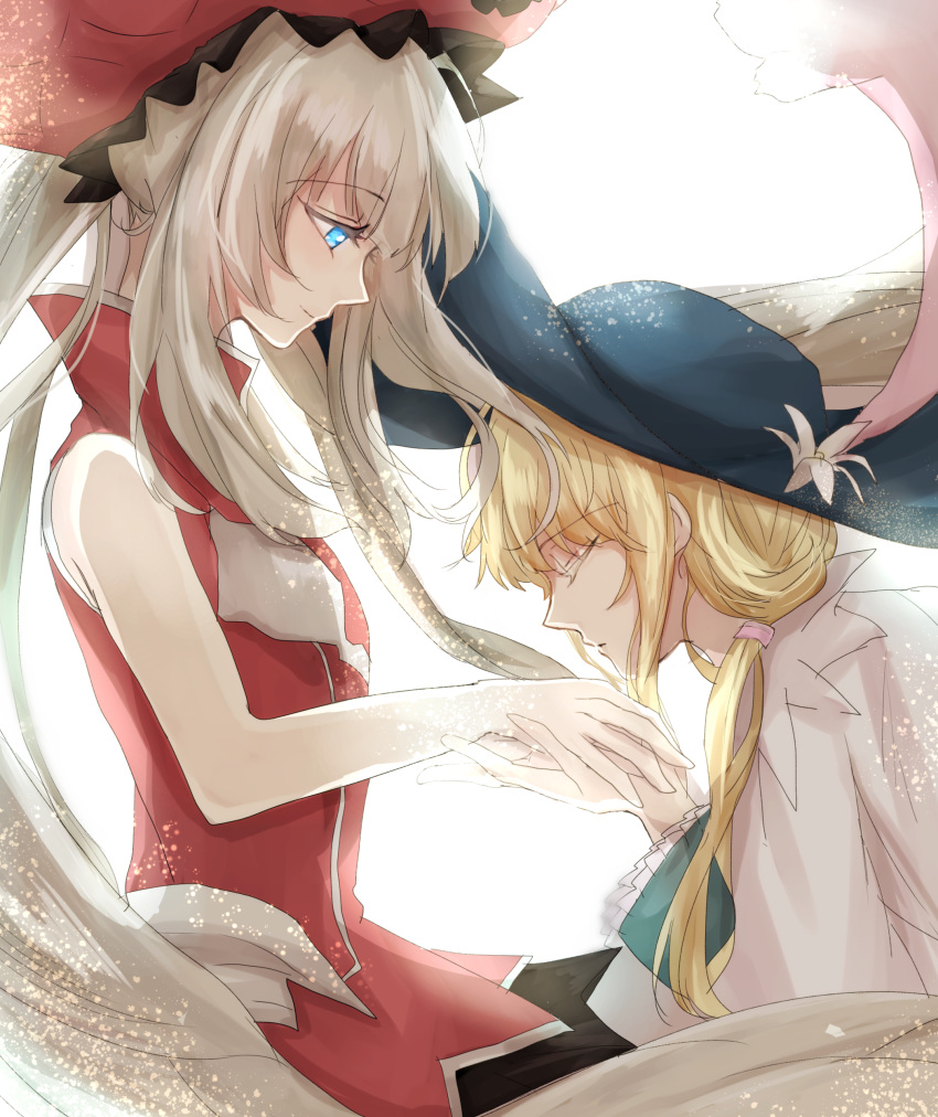 1girl absurdres androgynous artist_request bangs blonde_hair blue_eyes chevalier_d'eon_(fate/grand_order) closed_eyes commentary_request fate/grand_order fate_(series) from_side hand_holding hand_kiss hat hat_ornament highres imminent_kiss kiss long_hair long_sleeves looking_at_another marie_antoinette_(fate/grand_order) pink_ribbon ribbon silver_hair sleeveless smile tied_hair