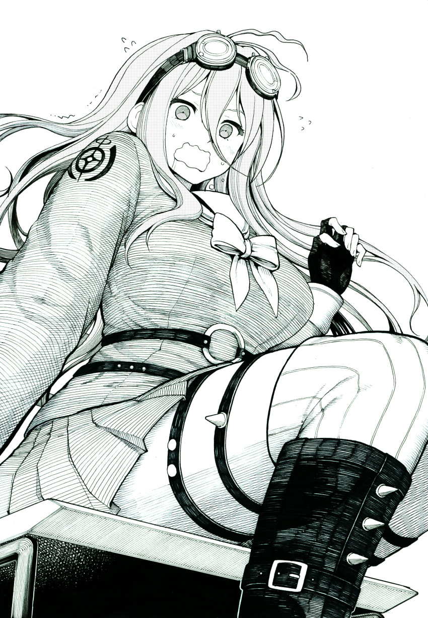 1girl absurdres ahoge breasts dangan_ronpa fingerless_gloves from_below gloves goggles goggles_on_head greyscale highres iruma_miu large_breasts long_hair monochrome new_dangan_ronpa_v3 pleated_skirt school_uniform sitting skirt solo thigh-highs wavy_mouth