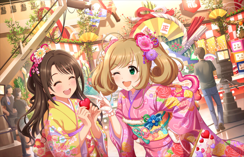 2girls ahoge annindoufu_(oicon) bag bangs blonde_hair blush brown_hair closed_eyes faceless floral_print flower gloves green_eyes hair_flower hair_ornament hand_on_hip heart holding idolmaster idolmaster_cinderella_girls idolmaster_cinderella_girls_starlight_stage japanese_clothes kimono long_hair long_sleeves looking_at_another multiple_girls new_year obi official_art one_eye_closed one_side_up open_mouth pink_kimono sash satou_shin shimamura_uzuki smile twintails white_gloves wide_sleeves yellow_kimono