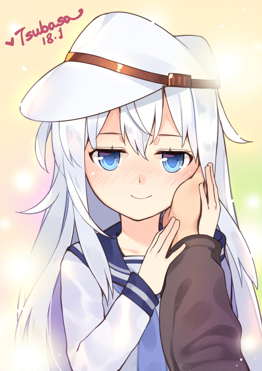 1boy 1girl absurdres artist_name bangs blue_eyes blue_neckwear blurry blush dated flat_cap gradient gradient_background hand_on_another's_cheek hand_on_another's_face hat heart hibiki_(kantai_collection) highres kantai_collection long_hair long_sleeves looking_at_viewer multicolored multicolored_background neckerchief nose_blush pov school_uniform serafuku shirt silver_hair solo_focus straight_hair tsubasa_tsubasa upper_body white_hat white_shirt