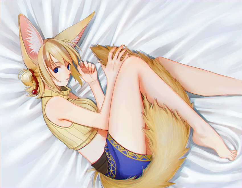 1girl animal_ears barefoot bed_sheet between_legs blonde_hair blue_eyes crop_top fetal_position fox_ears fox_tail hair_ornament highres looking_at_viewer looking_to_the_side lying nashigaya_koyomi on_bed on_side open_mouth original ribbed_sweater short_hair sidelocks skirt sleeveless sleeveless_turtleneck solo sweater tail tail_between_legs turtleneck two_side_up