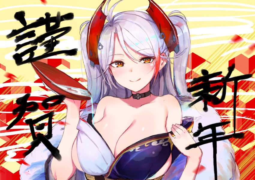 1girl :q alcohol antenna_hair azur_lane bangs bare_shoulders black_choker blush breasts bright_pupils cleavage closed_mouth collarbone cup eyebrows_visible_through_hair headgear highres holding holding_cup iron_cross japanese_clothes kimono large_breasts long_hair long_sleeves looking_at_viewer luse_maonang motion_blur multicolored_hair naughty_face off_shoulder orange_eyes petals prinz_eugen_(azur_lane) purple_kimono redhead sakazuki sake silver_hair smile solo spilling streaked_hair swept_bangs tongue tongue_out tsurime two-tone_hair two_side_up upper_body