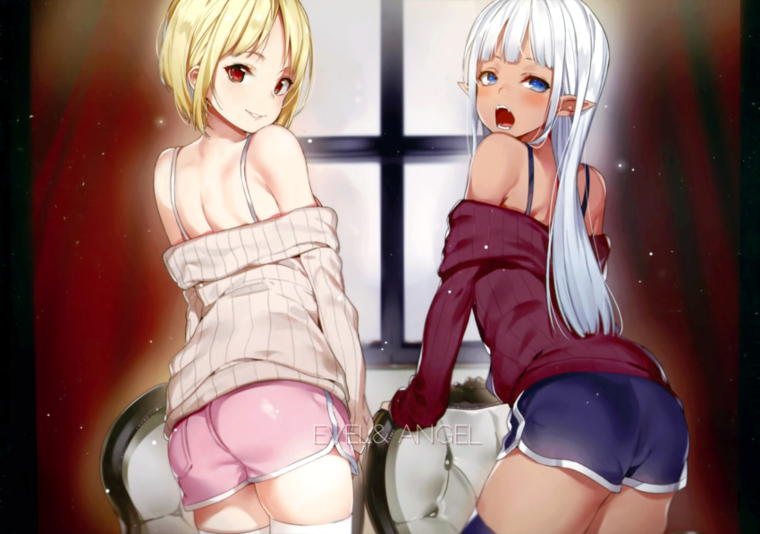 ass bare_shoulders blonde_hair blue_eyes blue_legwear contrapposto cowboy_shot cropped curtains dark_skin engrish fang from_behind grin highres indoors long_hair long_sleeves looking_at_viewer looking_back off-shoulder_sweater open_mouth original parted_lips photoshop pointy_ears ranguage red_eyes ribbed_sweater scan short_hair short_shorts shorts shoulder_blades sleeves_past_wrists smile sweater thigh-highs white_hair white_legwear yuran zettai_ryouiki