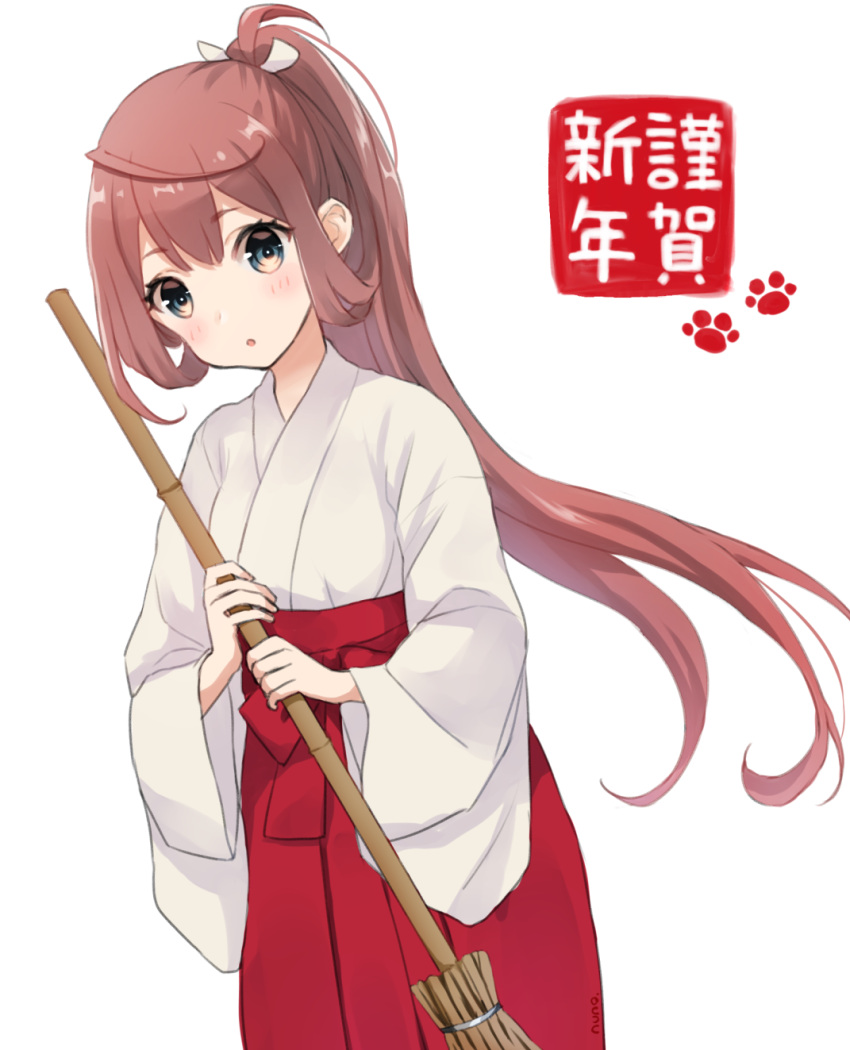 1girl :o alternate_hairstyle asagumo_(kantai_collection) bamboo_broom bangs blue_eyes blush broom brown_hair commentary_request dutch_angle eyebrows_visible_through_hair hair_between_eyes hakama head_tilt high_ponytail highres holding holding_broom japanese_clothes kantai_collection long_hair looking_at_viewer miko nuno_(pppompon) parted_lips ponytail red_hakama simple_background solo translation_request very_long_hair white_background