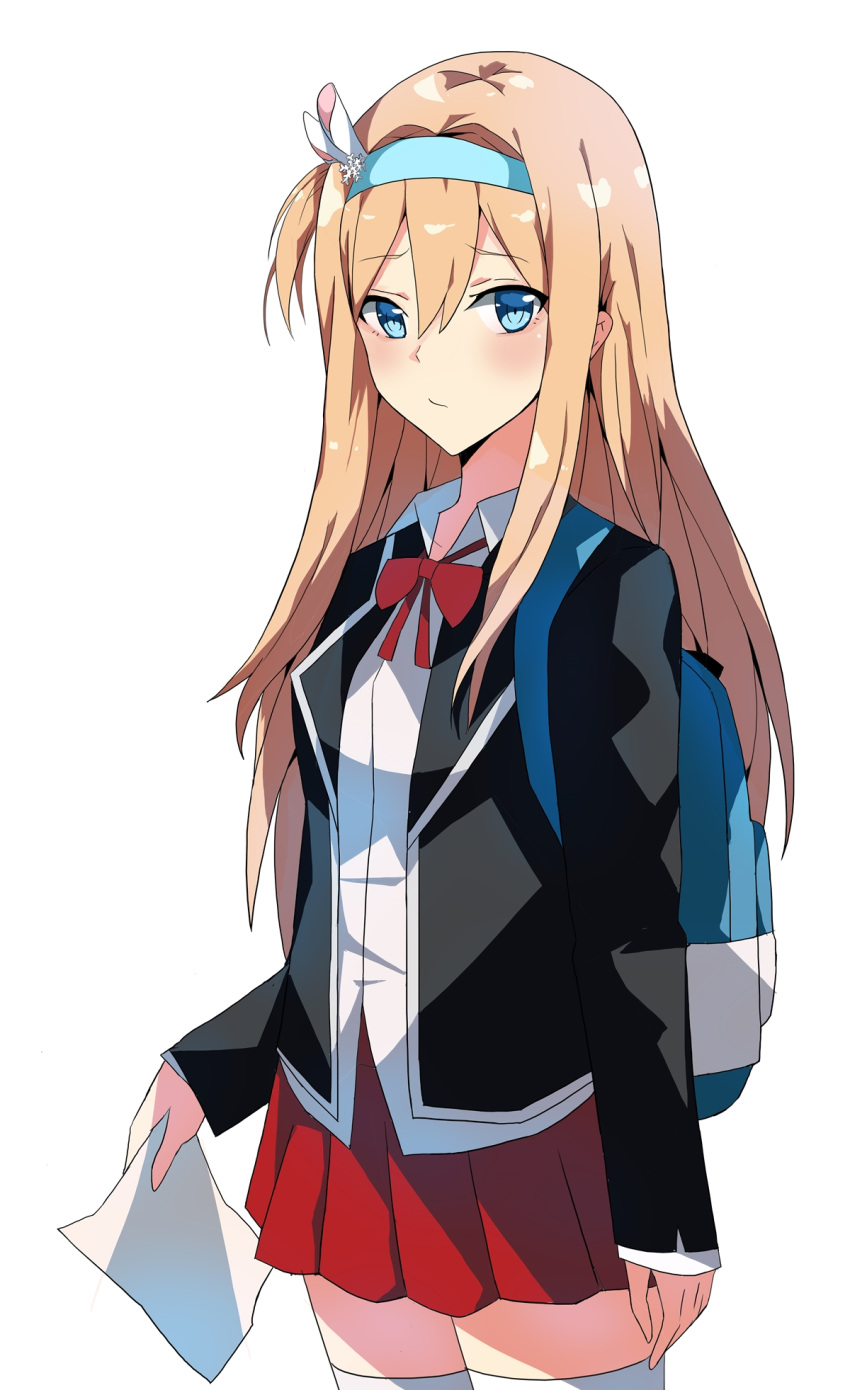 1girl alternate_costume arms_at_sides bangs black_blazer blazer blonde_hair blue_eyes blush breasts closed_mouth collared_shirt cropped_legs eyebrows_visible_through_hair eyes_visible_through_hair girls_frontline hair_between_eyes hair_ornament hairband hairclip highres holding holding_paper jacket long_hair long_sleeves looking_at_viewer medium_breasts open_blazer open_clothes open_jacket paper pleated_skirt red_ribbon red_skirt ribbon shirt sidelocks simple_background skirt snowflake_hair_ornament solo suomi_kp31_(girls_frontline) tareme thigh-highs ururu white_background white_legwear white_shirt zettai_ryouiki