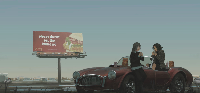 2girls absurdres ad billboard blue_sky brand_name_imitation brown_hair car day drinking_cup eating faiz_azhar food grey_hair ground_vehicle hamburger highres jacket leaning_on_object long_hair long_sleeves motor_vehicle multiple_girls open_clothes open_jacket original outdoors road short_hair sitting sky standing