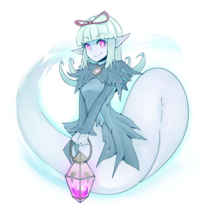 1girl bangs blue_hair blunt_bangs capelet eyebrows_visible_through_hair flipped_hair ghost ghost_(monster_girl_encyclopedia) ghost_tail highres holding_lantern lantern long_hair looking_at_viewer monster_girl_encyclopedia nanostar pointy_ears smile solo v_arms violet_eyes white_background
