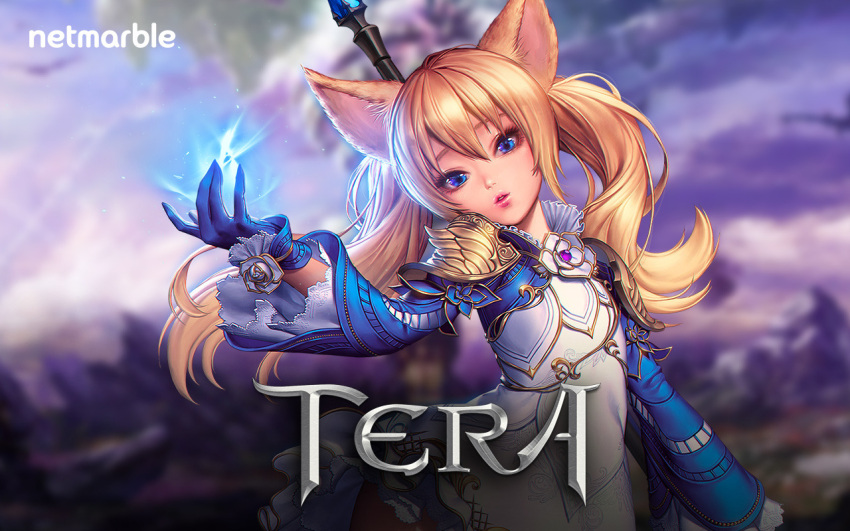 1girl animal_ears arm_up artist_request blonde_hair blue_eyes blue_gloves copyright_name dog_ears dress elin_(tera) gloves lips long_hair magic official_art outstretched_arm pauldrons short_dress solo staff tera_online twintails upper_body wallpaper weapon white_dress wind wind_lift