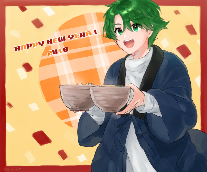 ! 1boy alm_(fire_emblem) alternate_costume dated fire_emblem fire_emblem_echoes:_mou_hitori_no_eiyuuou food futabaaf green_eyes green_hair happy_new_year highres japanese_clothes male_focus new_year open_mouth solo teeth upper_body